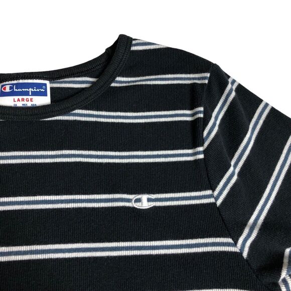 Champion Top Womens L Black Striped Stretch Knit Preppy Retro Baby Tee Y2K 90s - Picture 2 of 12